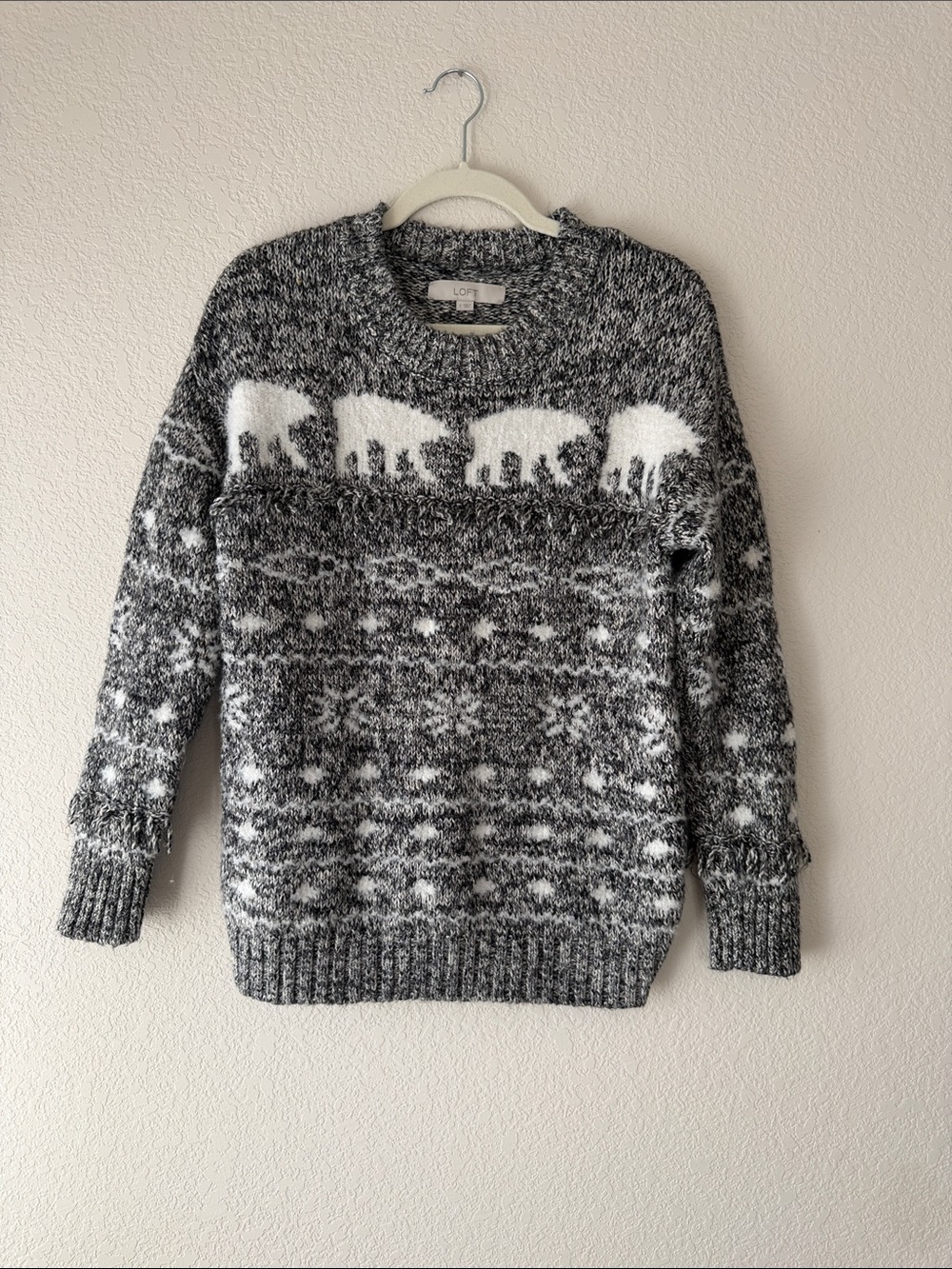 LOFT Gray & White Polar Bear Crewneck Sweater